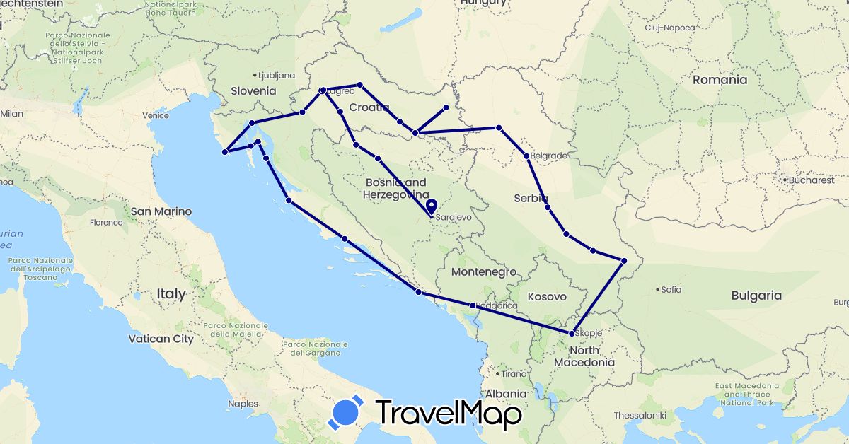 TravelMap itinerary: driving in Bosnia and Herzegovina, Croatia, Montenegro, Macedonia, Serbia (Europe)