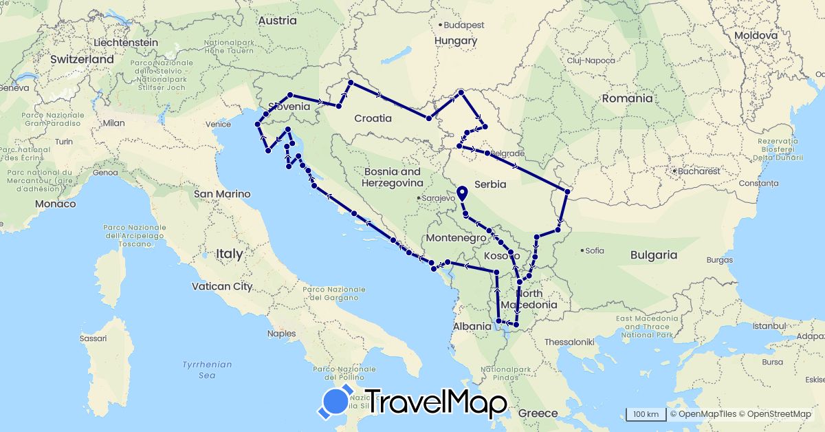 TravelMap itinerary: driving in Bosnia and Herzegovina, Bulgaria, Croatia, Italy, Montenegro, Macedonia, Serbia, Slovenia, Kosovo (Europe)